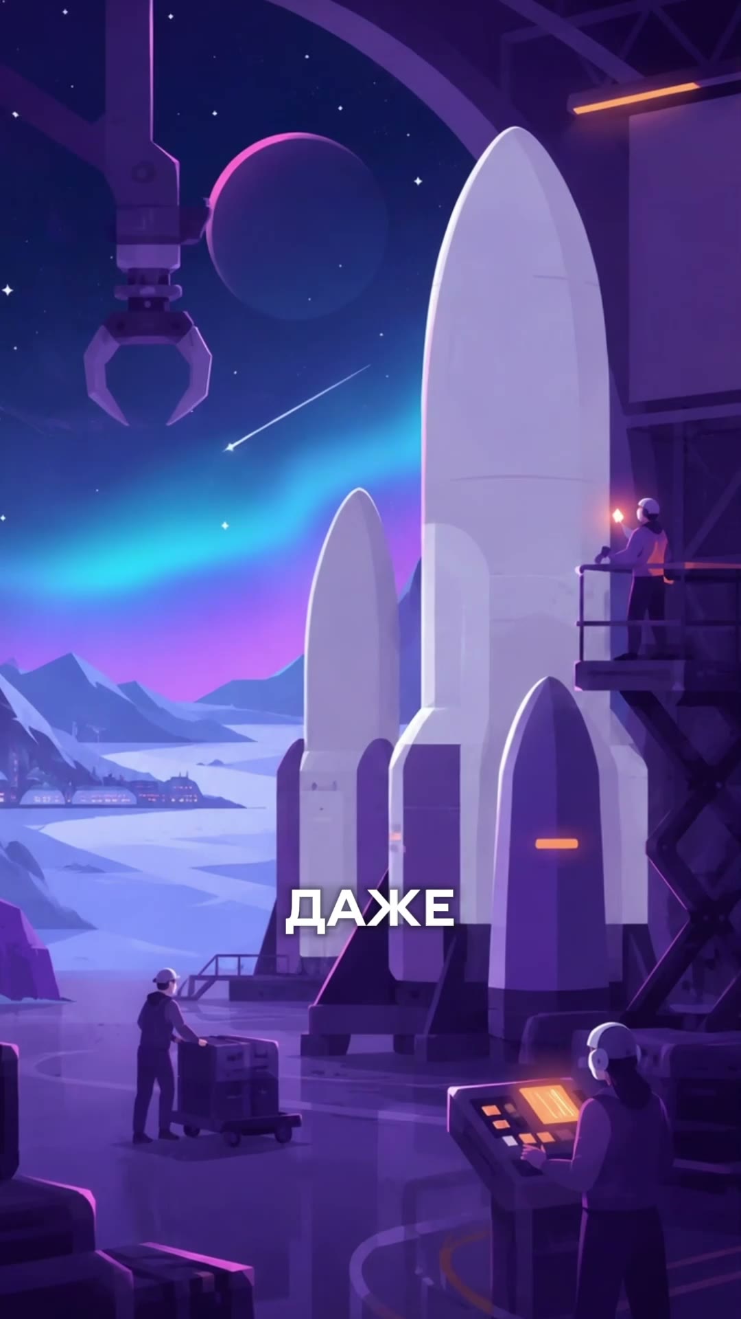 A spaceport with rockets under the northern lights
